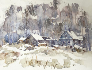 рисунок акварелью деревенька под снегом
